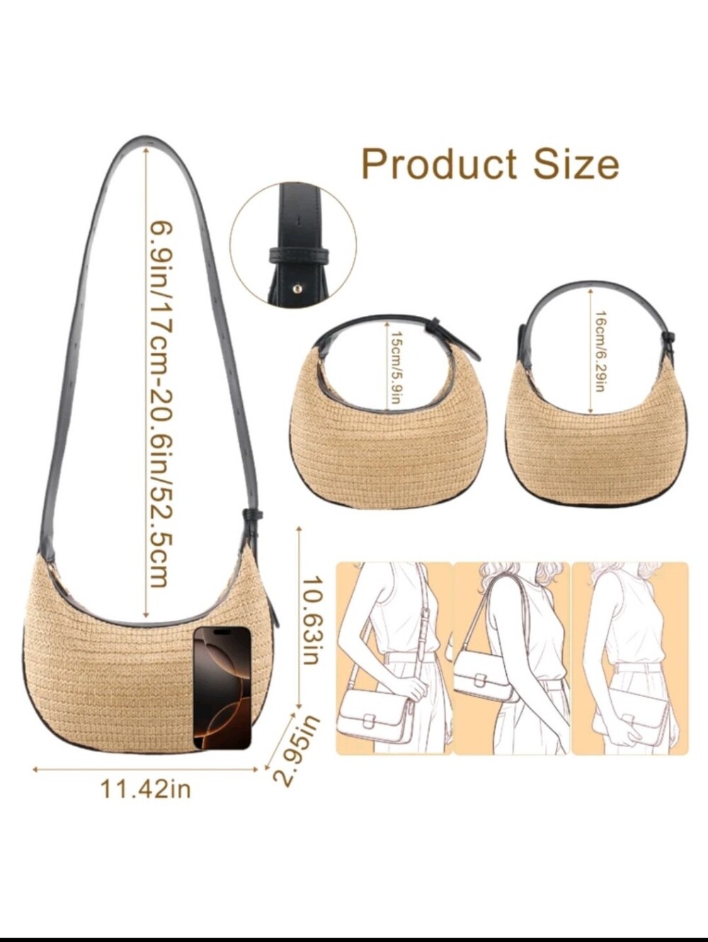 Woven Crescent Shoulder Bag in Natural and Black - Picture 6 of 7
